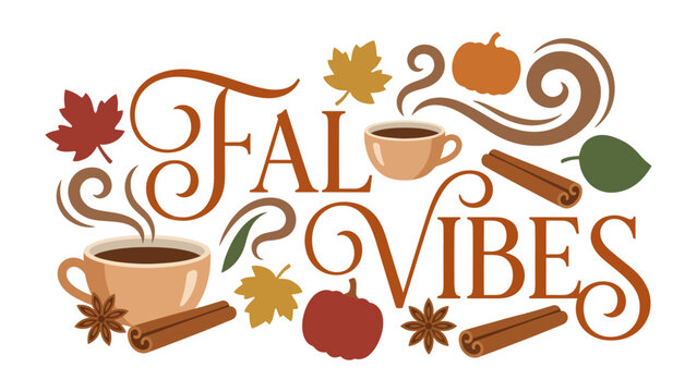 Autumn Vibes Typography: A decorative typographic design celebrates the essence of autumn with warm colors, falling leaves, coffee cups, cinnamon sticks, and pumpkins.