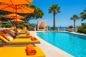 Obraz premium Luxury Resort Swimming Pool with Palm Trees and Tropical Summer Vacation Vibes