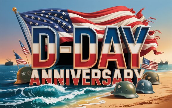 Patriotic D-Day anniversary poster featuring American flags, helmets, and ocean waves.
