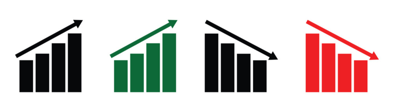 Financial up and down arrows for stock market analysis and business presentation. Stock decrease and increase bar graph vector illustration.