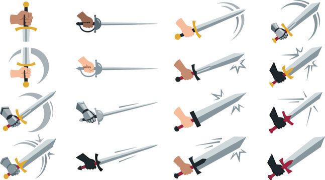 Sword Fighting Motion Vector Icon Set Featuring Hands Holding Swords Slashing Actions Rapier thrusts and Knight Gauntlets for Video Game and Fantasy Designs