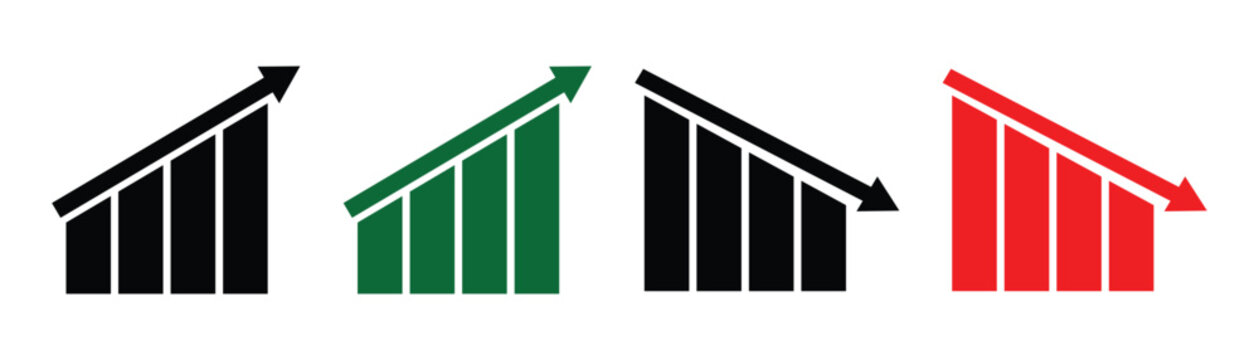 Green and red increase and decrease graph vector icon isolated on white background. Stock increase and decrease signs for financial and stock market analysis.