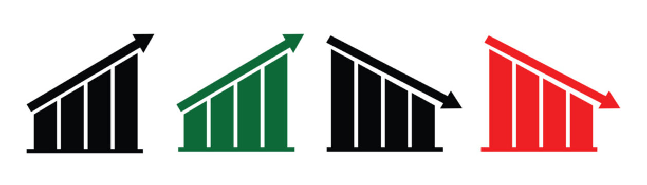 Green and red increase and decrease graph vector icon isolated on white background. Stock increase and decrease signs for financial and stock market analysis.