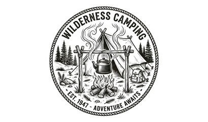 Fototapeta premium Vintage campfire kettle under tent outdoor camping vector illustration isolated on white