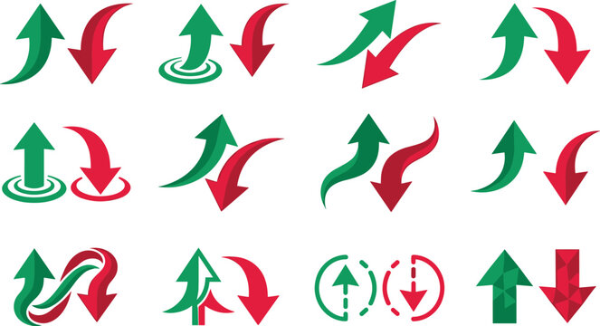 Up and Down Arrow Vector Icon Set Featuring Green Growth Arrows and Red Decrease Graphics for Business Finance and Stock Market Progress Designs