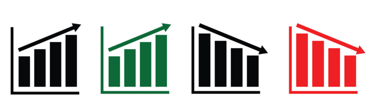 Flat design up and down bar graph vector icon. Set of financial increase and decrease arrows. Green up arrow indicates profit and Red down arrow indicates losses.