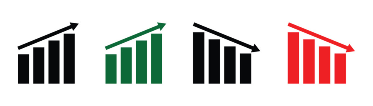 Flat design up and down bar graph vector icon. Set of financial increase and decrease arrows. Green up arrow indicates profit and Red down arrow indicates losses.