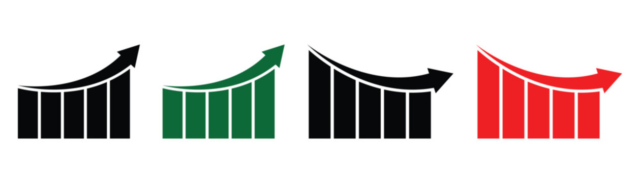 Curved up and down arrow vector symbol for financial and stock markets. Green upward arrows for gains and red downward arrows for losses.  Vector  EPS 10.