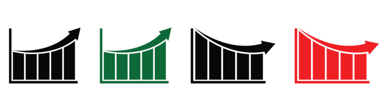 Curved up and down arrow vector symbol for financial and stock markets. Green upward arrows for gains and red downward arrows for losses.  Vector  EPS 10.