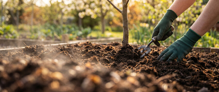 Gardener uses a hand trowel to plant a young tree in rich mulched soil in a sunlit backyard garden, conveying growth, care, sustainability and hands-on outdoor work.