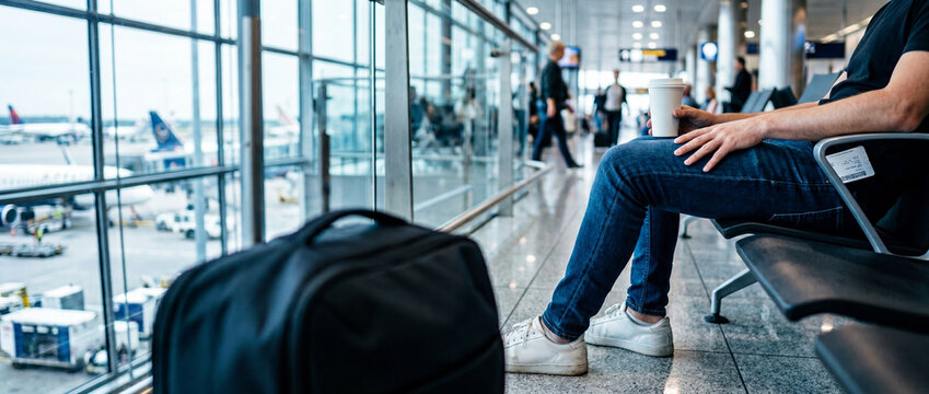 Passenger waiting with coffee and backpack at airport terminal window before flight
