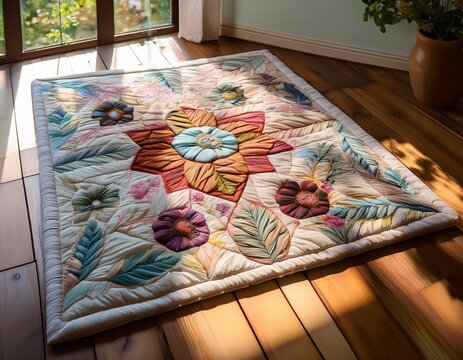 intricate handmade quilt with floral patterns displayed on a wooden surface in natural light