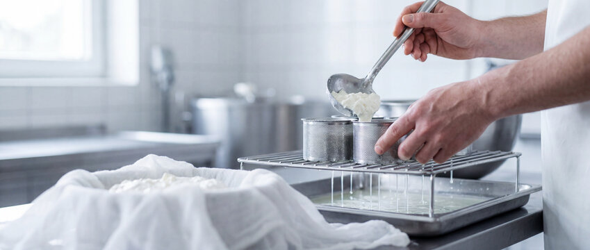Artisan cheesemaker straining fresh ricotta through mesh filters in a professional kitchen