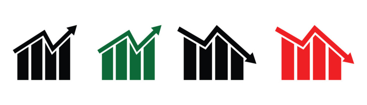 Up and down arrow sign with green and red color on white background. Flat design  increase and decrease arrows icon bar chart. Vector illustration.