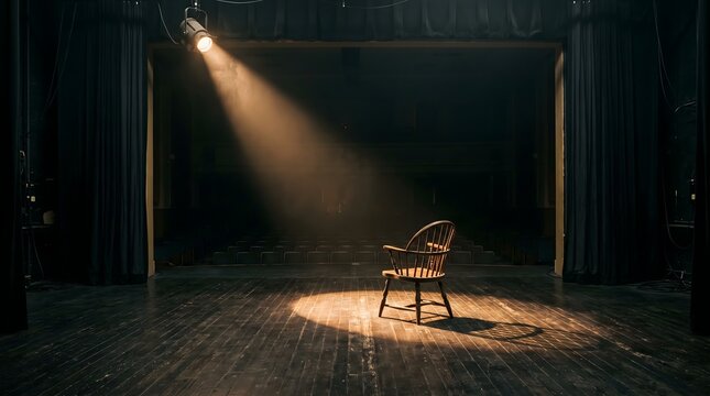 A completely silent, empty theater stage with a single vintage spotlight shining on an empty wooden chair.