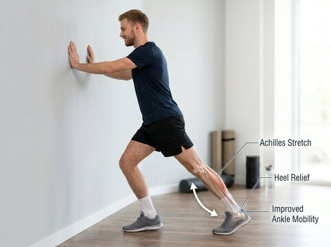 Man performing physiotherapy exercise against wall for improved ankle mobility