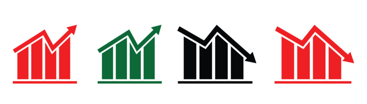 Up and down arrow sign with green and red color on white background. Flat design  increase and decrease arrows icon bar chart. Vector illustration.