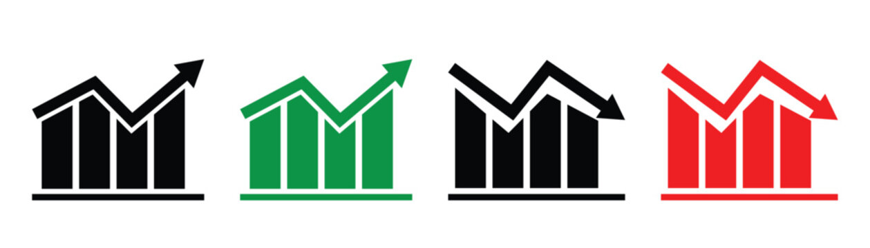 Up and down arrow sign with green and red color on white background. Flat design  increase and decrease arrows icon bar chart. Vector illustration.