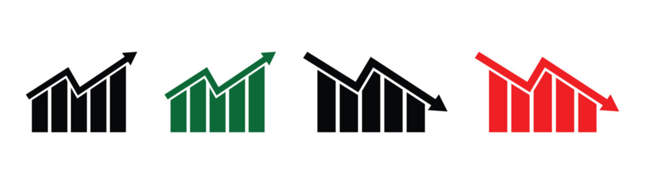 Financial profit and loss green and red arrow graph charts isolated on white background. Stock increase and decrease icons are commonly used in trading platforms and apps. Vector art illustration.