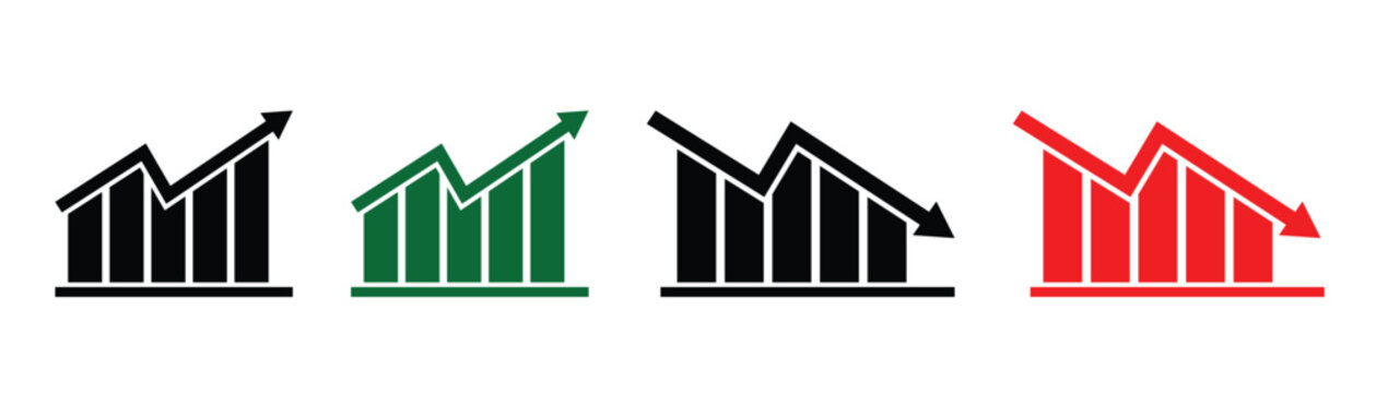 Financial profit and loss green and red arrow graph charts isolated on white background. Stock increase and decrease icons are commonly used in trading platforms and apps. Vector art illustration.