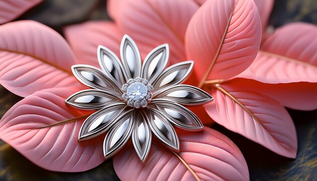 a delicate silver flower brooch resting on soft pink leaves in natural light