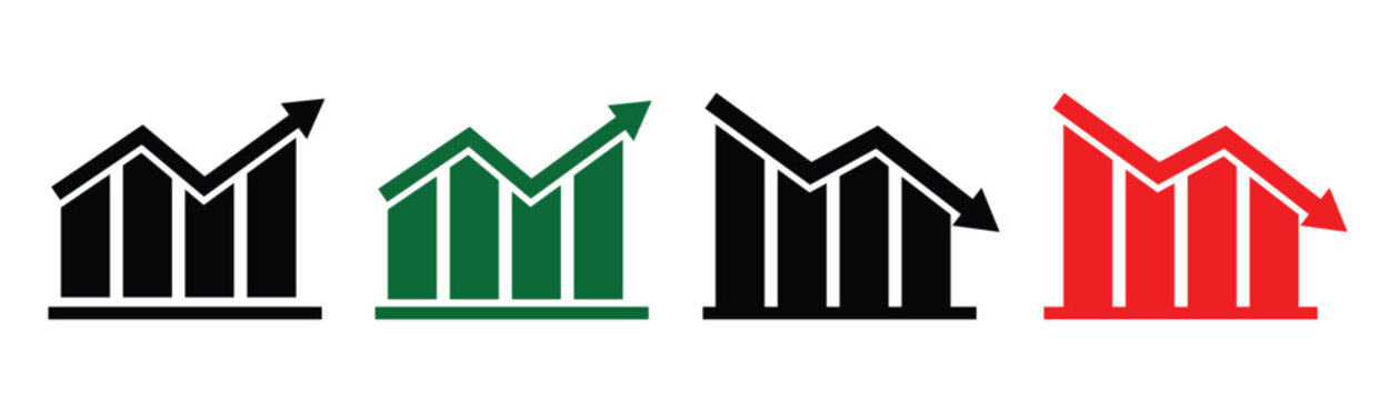 Financial profit and loss green and red arrow graph charts isolated on white background. Stock increase and decrease icons are commonly used in trading platforms and apps. Vector art illustration.