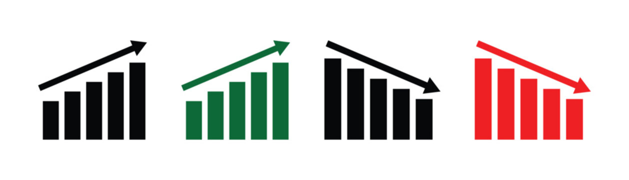 Simple financial up and down arrows for stock market analysis and business presentation. Stock increase and decrease sign with green and red arrows. Vector illustration up and down arrow.