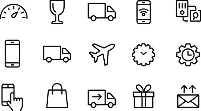 Logistics and e-commerce delivery line icon set with shipping truck airplane shopping bag smartphone gift box and speed tracking symbols.