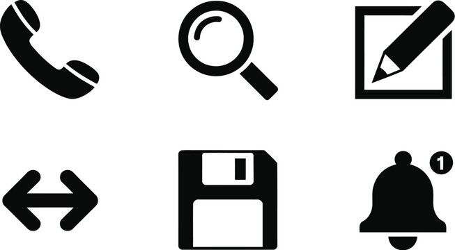 Web UI solid black icon set with phone handset magnifying glass pencil editor bidirectional arrow floppy disk save and notification bell.