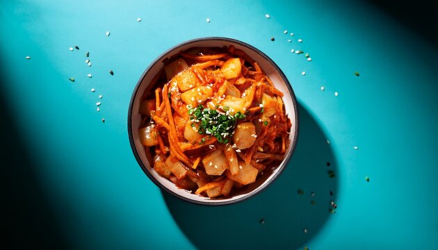 artistic top view mu saengchae korean spicy radish salad