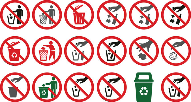 No Littering and Keep Clean Sign Vector Icon Set Featuring Prohibited Garbage Disposal Symbols and Recycle Bin Graphics for Public Park Safety Labels