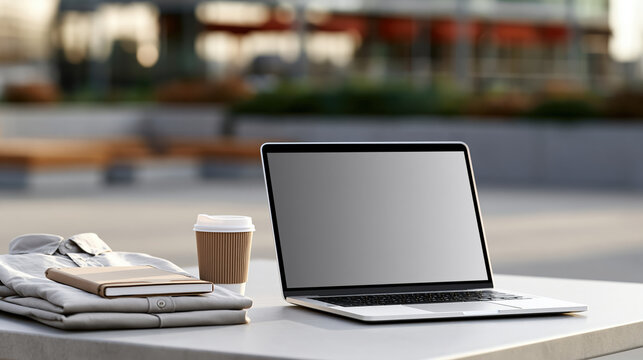 Blank laptop coffee cup folded shirt notebook office desk outdoor table work break labor day modern workspace laptop computer paper cup stack