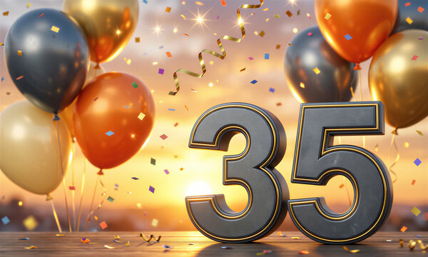 Colorful balloons and confetti celebrate a 35th birthday with large metallic numbers.