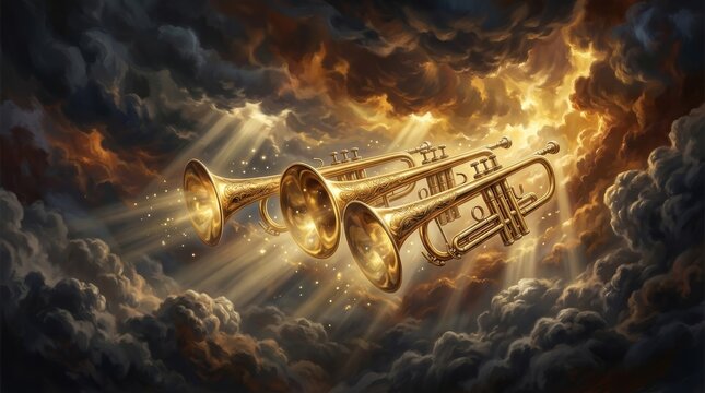 Divine judgment upon the nations as the trumpets of heaven sound through the clouds.
