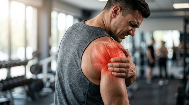 A man experiencing shoulder pain from a workout accident in a fitness center.