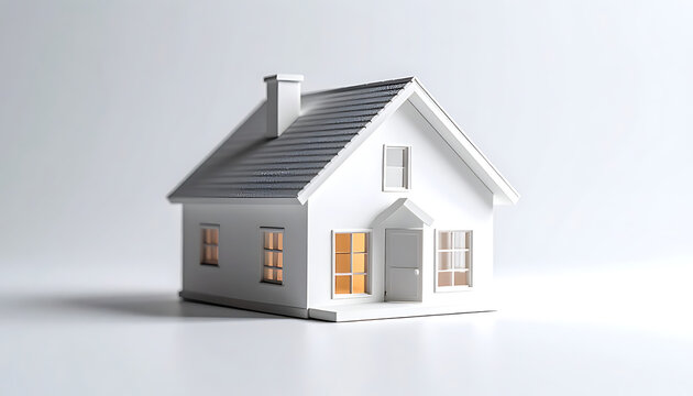 Small white toy house with illuminated windows on a plain grey background, representing housing or real estate concepts