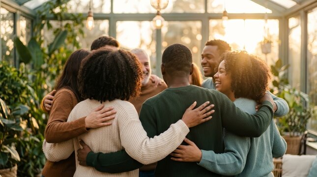 Diverse people expressing unity and togetherness through a collective embrace in a sunlit setting.
