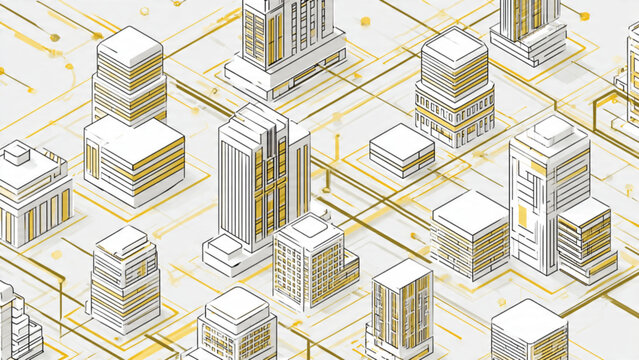 isometric cityscape with modern buildings in white and gold for urban planning and architecture visuals