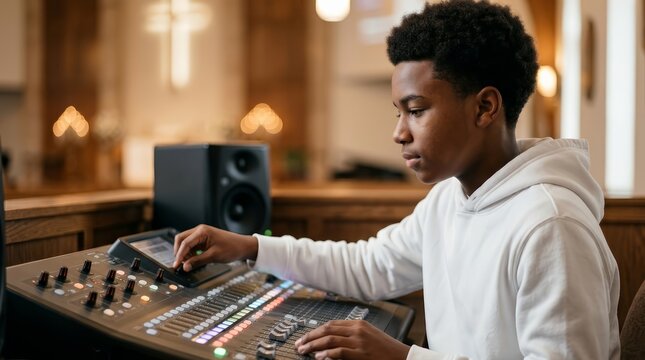 African American teenager using a professional soundboard for church worship.