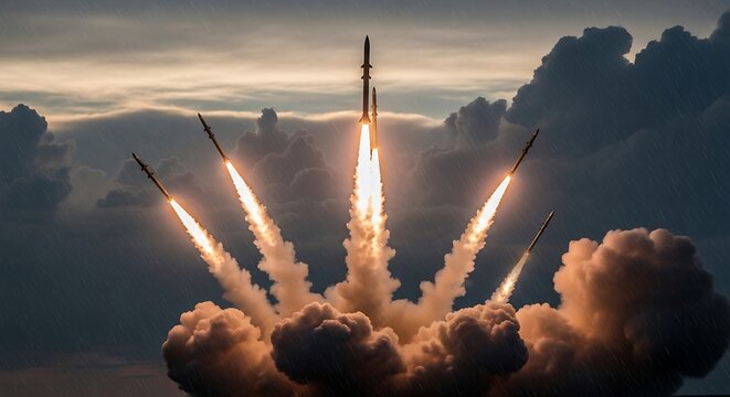 Multiple Rockets Launching Into Cloudy Sky with Flames