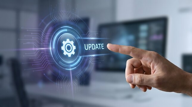 Finger pressing 'UPDATE' button on digital interface with gear icon