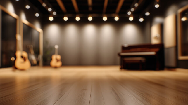 Blurred warm music studio with wooden floor guitars piano and bokeh lights for creative background use