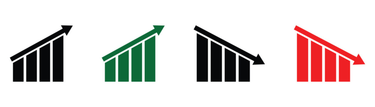 Financial increase and decrease statistics vector sign on white background. Green rising arrow and red falling bar graph. Vector up and down arrow symbol for stock markets and sales dashboards.