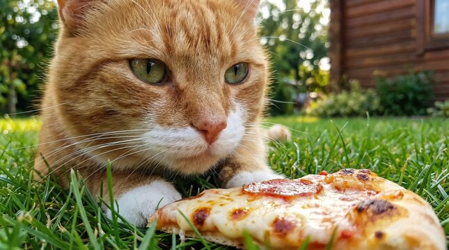 A funny ginger tabby cat stares hungrily at a slice of pepperoni pizza on the green grass outdoors.