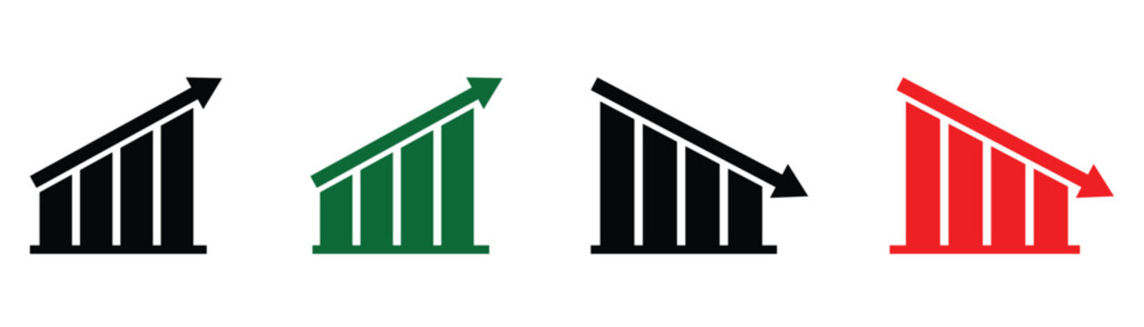 Financial increase and decrease statistics vector sign on white background. Green rising arrow and red falling bar graph. Vector up and down arrow symbol for stock markets and sales dashboards.