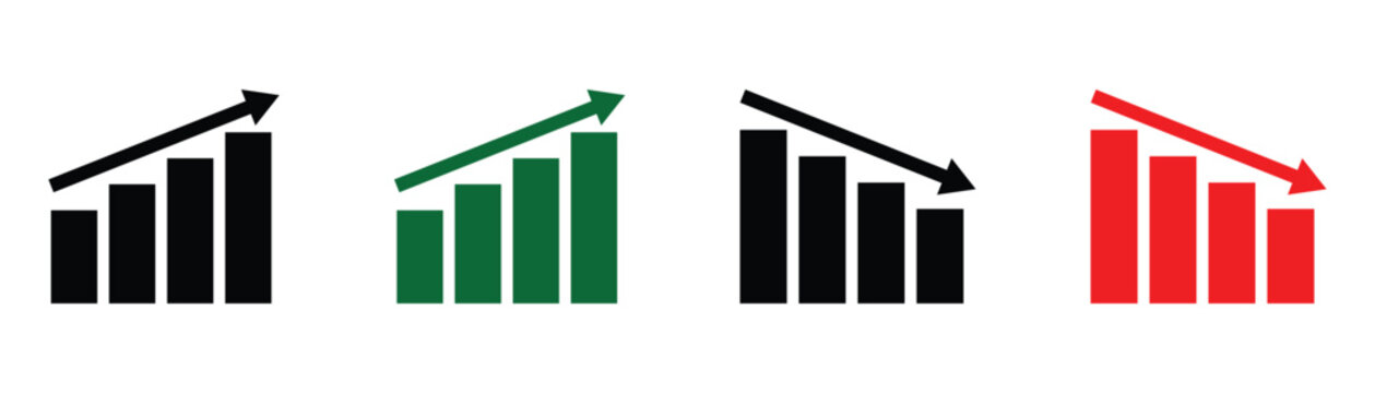 Financial increase and decrease statistics vector sign on white background. Green rising arrow and red falling bar graph. Vector up and down arrow symbol for stock markets and sales dashboards.