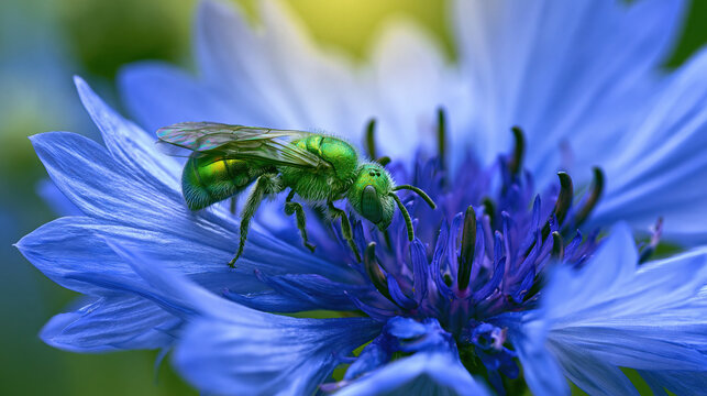 Green hoverfly on blue flower
