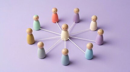 Obraz premium Wooden peg dolls connected by white strings representing a central leader and team network on purple background