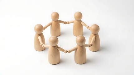 Obraz premium Wooden peg dolls holding hands in a circle representing teamwork unity and community support on white background