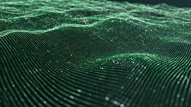 Abstract digital data wave with green particles representing global network technology and cyber security.